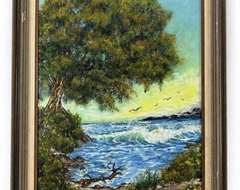 Kustzeegezicht olieverfschilderij ondertekend Bj Wells ingelijste boom oceaangolven 23 x 29