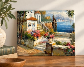 Original Mediterranean Coastal Landscape Painting on Canvas Impasto Art 10x8