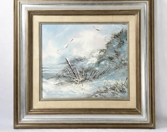 Kust zeegezicht schilderij ondertekend "Tony" ingelijst strand duinen oceaanvogels 16,5 x 15"