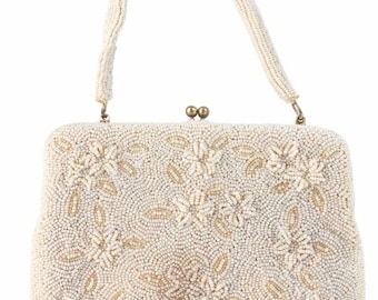 Vintage Joseph Magnin Beaded Handbag Ivory Floral Clutch Purse Kiss Lock 50s