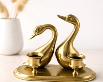 Brass Swan Candle Holder Pair Mid Century Taiwan Double Candlestick Ducks 6”