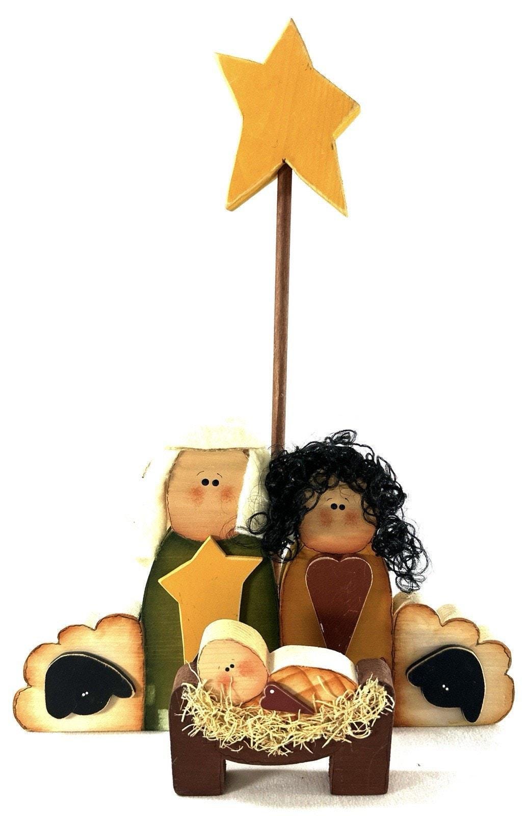 Primative Nativity Handmade Wooden Folk Art Nativity Set With Star Mary Joseph Baby Jesus ...