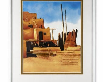 Southwestern Adobe Pueblo Art Print Signed Lundgren 2004 Framed 11.5x14.5