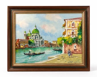 Canal de Venise peinture à l'huile encadré gondole paysage paysage urbain italien 18 x 14