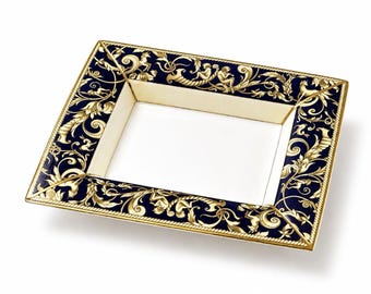 Wedgwood Cornucopia Rectangular Tray Bone China England 8x6.5 Gold Blue 1995