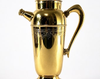 Vintage Brass Cocktail Shaker 12” Tall Samovar Style Etched Mid Century Barware