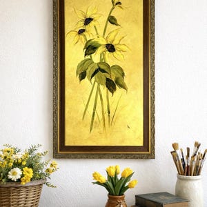 Vintage Sunflower Painting Signed CDK – Framed Floral Wall Art 14.5x26.5 Yellow Rustic Decor