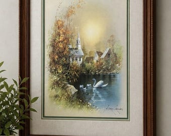 Framed Swan Lake Cottage Print Signed Andres Orpinas Church Village 25x29