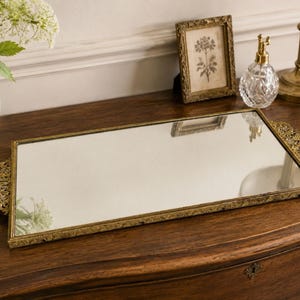 Gold Tone Rectangular Mirrored Vanity Tray 16” Florentine Hollywood Regency