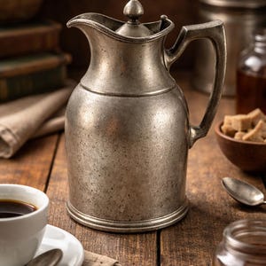 May include: A vintage silver-toned metal pitcher with a lid, handle, and spout, likely for serving beverages. The pitcher sits on a wooden surface alongside a cup of coffee, a saucer, and a spoon. The scene evokes a rustic, antique aesthetic.