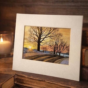 冬の風景 水彩画 判読不能 署名 マット加工 10x8 夕焼け