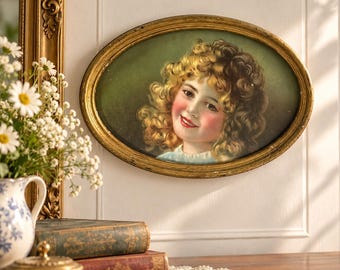 Antique Victorian Girl Portrait Print Oval Convex Glass Gilt Frame 14x9.5