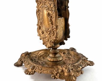 Vintage Ornate Match Holder Ashtray Cherub Cast Metal Gold Tone Tabletop 5”