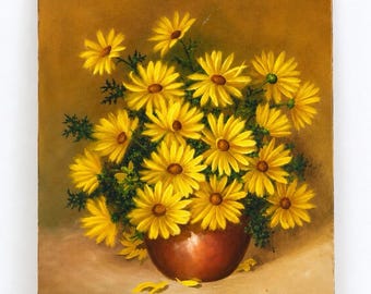 Original Ölgemälde Gelbe Gänseblümchen Stillleben V Holz 16x20 signiert