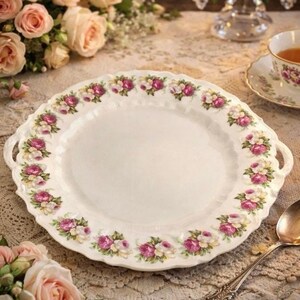 May include: A white porcelain serving platter with a scalloped edge and two handles. The rim is decorated with a repeating pattern of pink and white roses and green leaves. A vintage tea party theme.