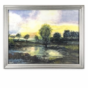 Ashley 1995 Gerahmter Landschaftsdruck Bäume bei Sonnenuntergang Teich-Reflexion Kunst 15x12