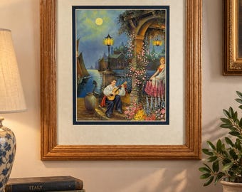 Vintage 1930s 1940s Romantic Italian Serenade Art Print Framed 13x16