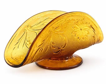 Serwetnik ze szkła bursztynowego w stylu vintage z kwiatowym wzorem, na cokole, szkło prasowane, 8 cali