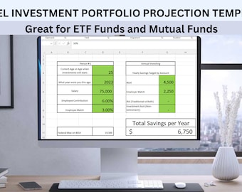 ETFs and Mutual Funds Projection Spreadsheet for 401k, 403B, IRA (Roth and Traditional), and Investment accounts. 1 to 35Years(Easy to Use).