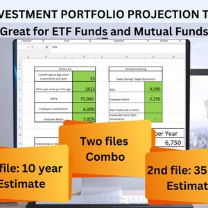 Może przedstawiać: Ekran komputera wyświetlający arkusz kalkulacyjny z tytułem "EXCEL INVESTMENT PORTFOLIO PROJECTION TEMPLATE" i tekstem "Great for ETF Funds and Mutual Funds". Na pierwszym planie znajdują się dwa pomarańczowe foldery z tekstem "1st file: 10 year Estimate" i "2nd file: 35 year Estimate".