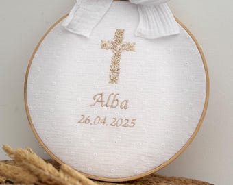 CUSTOMIZABLE Embroidered BAPTISM Tambourine Frame Embroidered cotton gauze - Baptism decoration - baptism gift