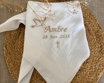 Christening scarf stole, shawl, double gauze baptism bandana, embroidered bandana, personalized baptism, embroidered baptism swaddle, baptism swaddle