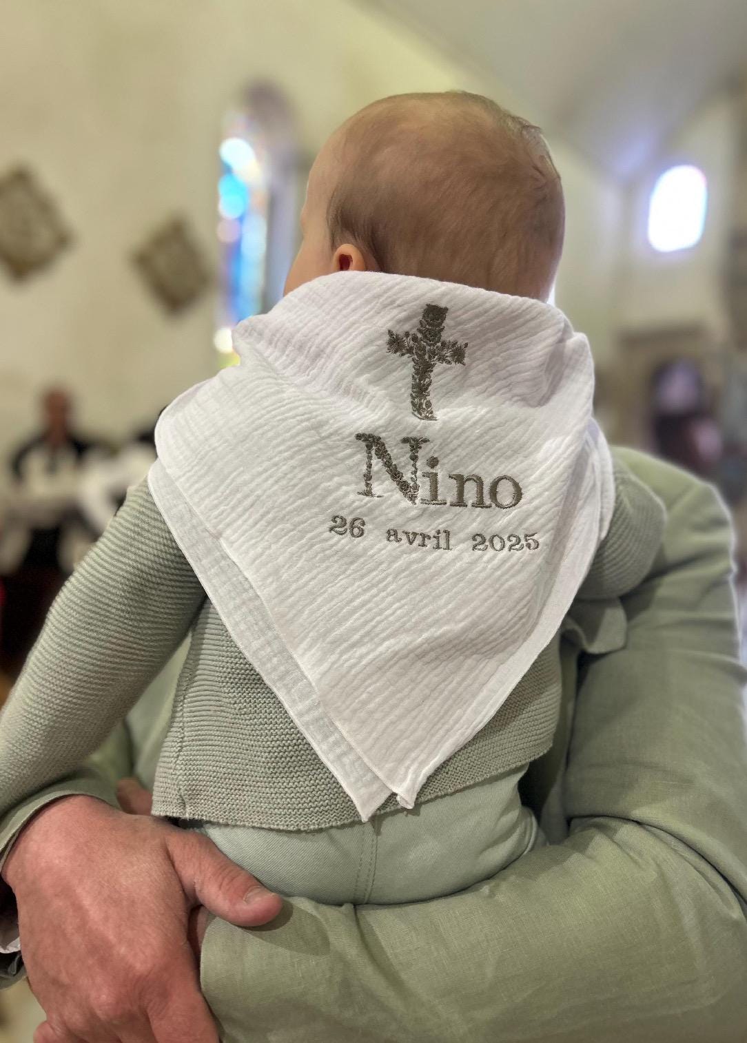 Christening scarf stole, shawl, double gauze baptism bandana, embroidered bandana, personalized baptism, embroidered baptism swaddle, baptism swaddle