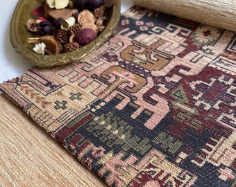 Cream Ethnic Chenille Upholstery Fabric: Turkish Kilim Style, Boho Decor Fabric by the Yards