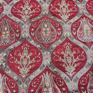 Ottoman Burgundy Tulip Motifs Upholstery Chenille Tapestry Fabric by the Yard, Boho Home Decor, Furniture, Sofa, Chair Ethnic Turkish Fabric