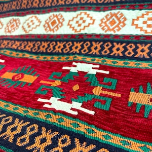 Burgundy Woven Upholstery Fabric: Boho Turkish Kilim Style