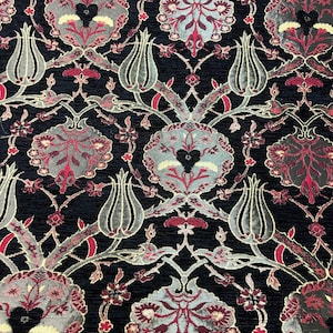 Black Tulip Tile Pattern Upholstery Chenille Tapestry Fabric by the Yards, Bohemian Home Decor, Furniture, Sofa, Chair Turkish Kilim Fabric