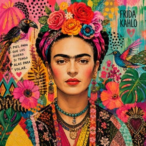 May include: A vibrant portrait of Frida Kahlo featuring a floral crown, a turquoise beaded necklace, and colorful patterned clothing. The background includes a black bird, a hummingbird, tropical leaves, and the text: PIES, PARA QUE LOS QUIERO SI TENGO ALAS PARA VOLAR and FRIDA KAHLO.