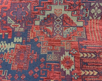 Orange Ethnic Chenille Upholstery Fabric: Turkish Kilim Tapestry, Boho Decor Fabric by the Yards