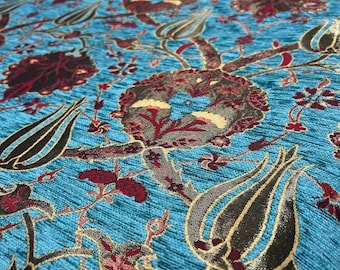 Turquoise Chenille Tapestry Fabric: Turkish Kilim Tile Pattern, Bohemian Decor  Fabric by the Yards