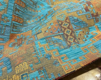 Turquoise Chenille Tapestry Fabric: Ethnic Kilim Upholstery, Boho Decor Fabric by the Yards