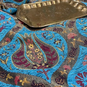 Ottoman Turquoise Tulip Motifs Upholstery Chenille Tapestry Fabric by the Yard, Boho Home Decor,Furniture, Sofa, Chair Ethnic Turkish Fabric