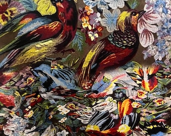 Bird Print Velvet Upholstery Fabric: Vintage Art Decor Fabric by the Yards