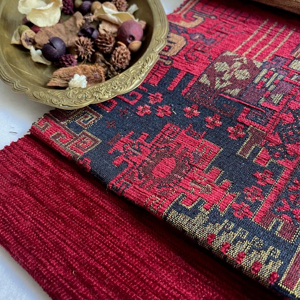 Burgundy Ethnic Upholstery Chenille Tapestry Fabric by the Yards, Boho Bohemian Home Decor, Furniture, Sofa, Chair Turkish Kilim Fabric