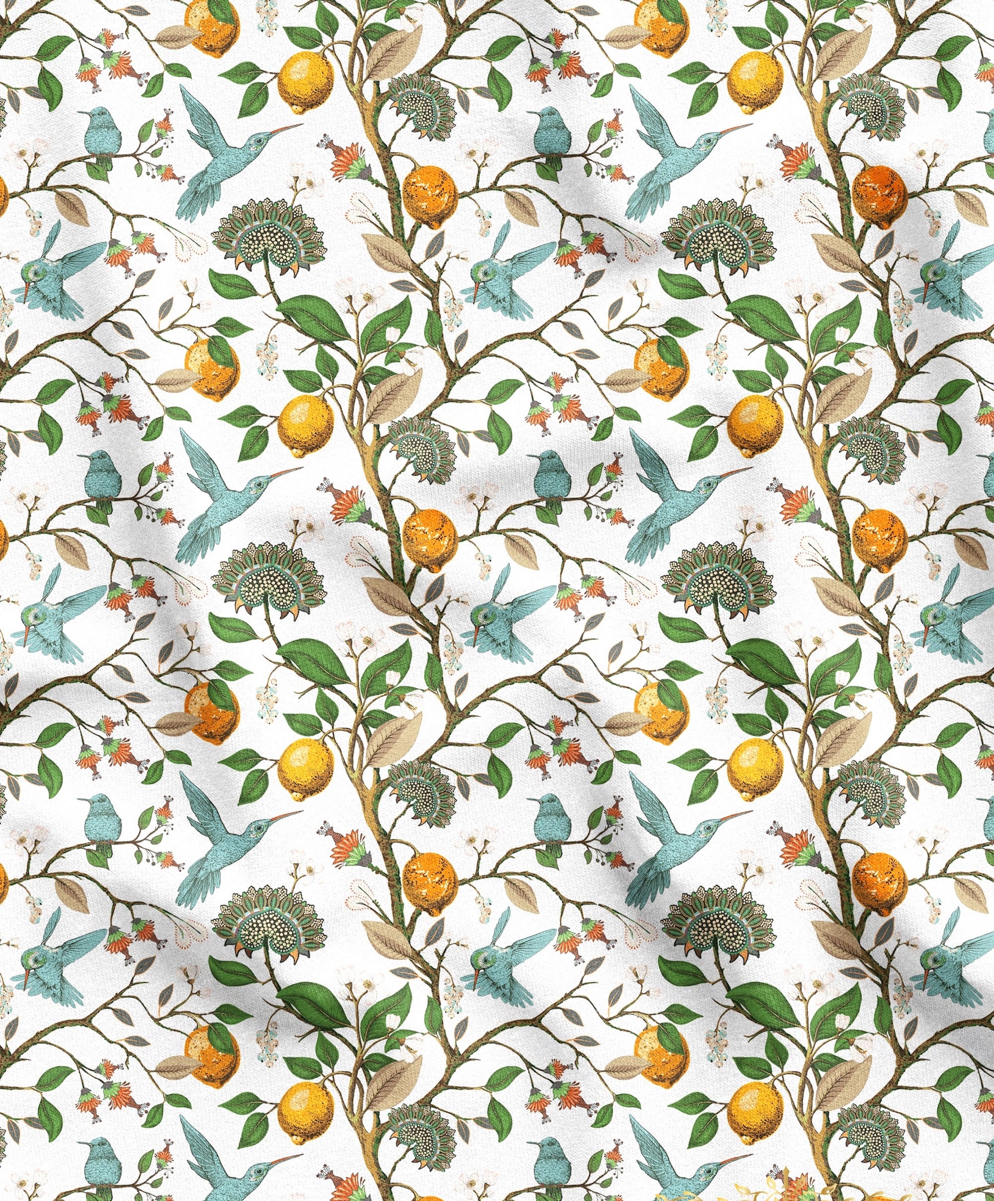 Lemon Tree With Birds Pattern Upholstery Print Fabric, Floral Home Decor Fabric,Curtain Furniture Chair Sofa Upholstery Fabric by the Yard