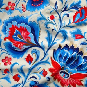 May include: A fabric with a floral pattern featuring large, stylized flowers in shades of blue and red against a cream background. The design includes intricate details and flowing lines, creating a vibrant and decorative textile.