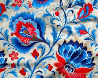 Iznik Tile Inspired Blue & Red Floral Upholstery Fabric by the Yard– Digital Printed Polyester Fabric for Home Decor