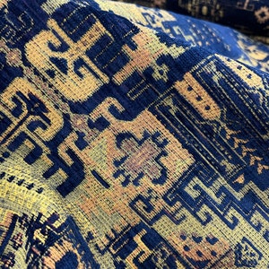 Dark Blue Ethnic Upholstery Chenille Tapestry Fabric by the Yards, Boho Bohemian Home Decor, Furniture, Sofa, Chair Turkish Kilim Fabric