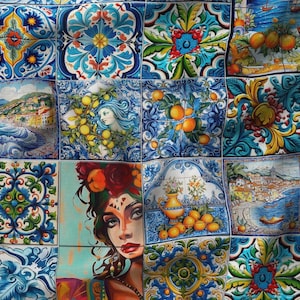 Majolica Ceramics Pattern Upholstery Print Fabric, Sicilian Home Decor Fabric, Curtain Furniture Chair Sofa Upholstery Fabric by the Yard