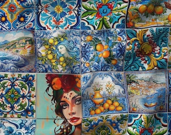 Majolica Ceramic Tile Print Fabric: Sicilian Upholstery Fabric by the Yard