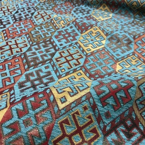 Turquoise Aztec Upholstery Chenille Tapestry Fabric by the Yards, Boho Bohemian Home Decor, Furniture, Sofa, Chair Turkish Kilim Fabric
