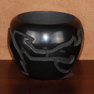 Carved Santa Clara Pueblo Blackware, Avanyu / Water Serpent by Nancy and Keith Tanin  5&quot; Diameter