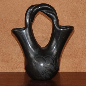 Santa Clara Pueblo black on black Wedding Vase, signed Celestina S.   5.6&quot; tall