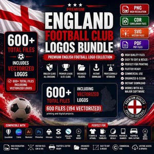 以下が含まれることがあります： PNG、CDR、SVG、PDF形式の600以上のイングランドサッカークラブロゴのデジタルバンドル。画像にはイングランドの国旗、サッカーボール、ファイル形式、互換性、印刷やデジタルプロジェクトでの使用に関する詳細なテキストが含まれています。