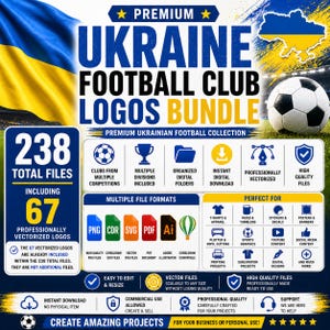 May include: A digital graphic advertisement for a premium Ukraine football club logos bundle featuring 238 total files, including 67 professionally vectorized logos. The design displays a blue and yellow flag, a soccer ball, and text detailing file formats like PNG, CDR, SVG, PDF, and AI, alongside icons for various creative applications.
