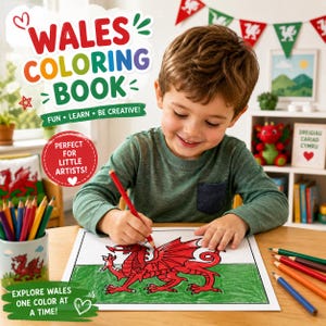 Könnte beinhalten: Ein Malbuch über Wales mit einer roten Drachenillustration auf dem Einband. Der Text lautet WALES COLORING BOOK, FUN LEARN BE CREATIVE, PERFECT FOR LITTLE ARTISTS und EXPLORE WALES ONE COLOR AT A TIME. Ein roter Stift wird zum Ausmalen genutzt.